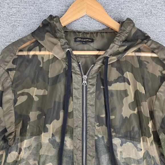 SHINESTAR WOMENS GREEN CAMO MESH FULL ZIP HOODIE SIZE LARGE SHEER HOODED JACKET - Picture 7 of 13